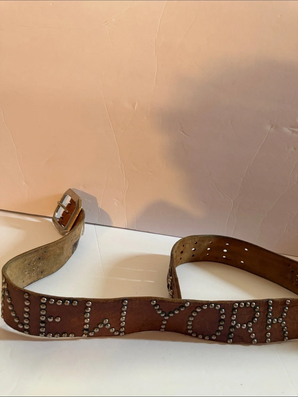 Vintage Brown Leather Belt 2” Studded NEW YORK Turquoise Western Y2K 38”
